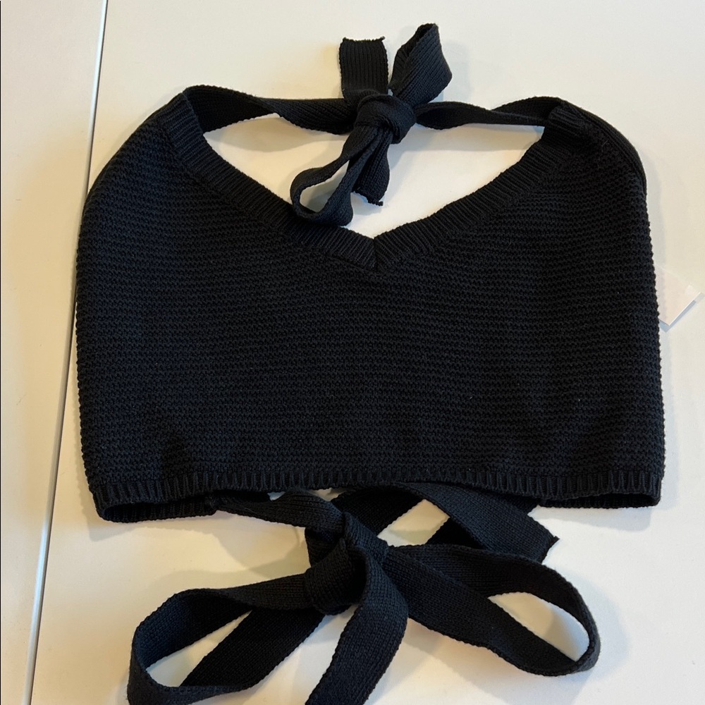 Topshop Black Knit Halter Tie-Back Crop Top